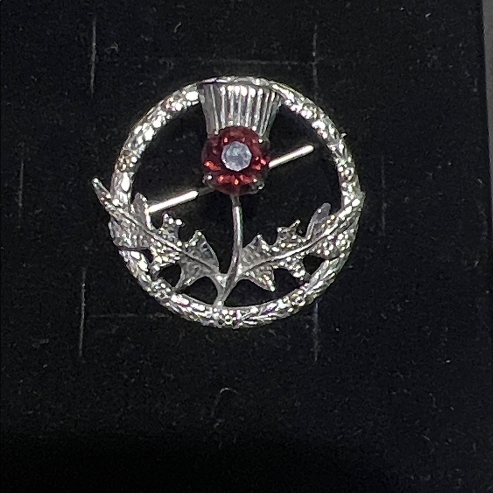 4/$20 Mizpah Silver and Red Thistle Brooch